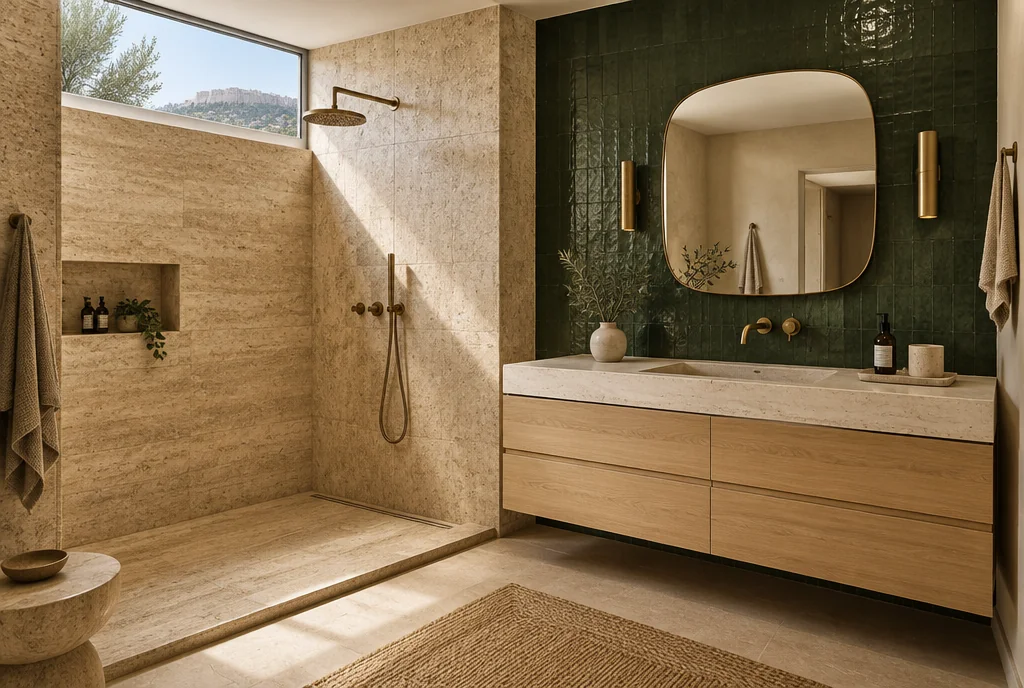 Natural stone and deep green bathroom inspiration