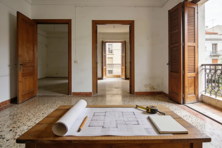 Unfurnished older Athens apartment with original terrazzo, oak survey table, rolled floor plan, tape measure and notebook, wide doorway view in late morning