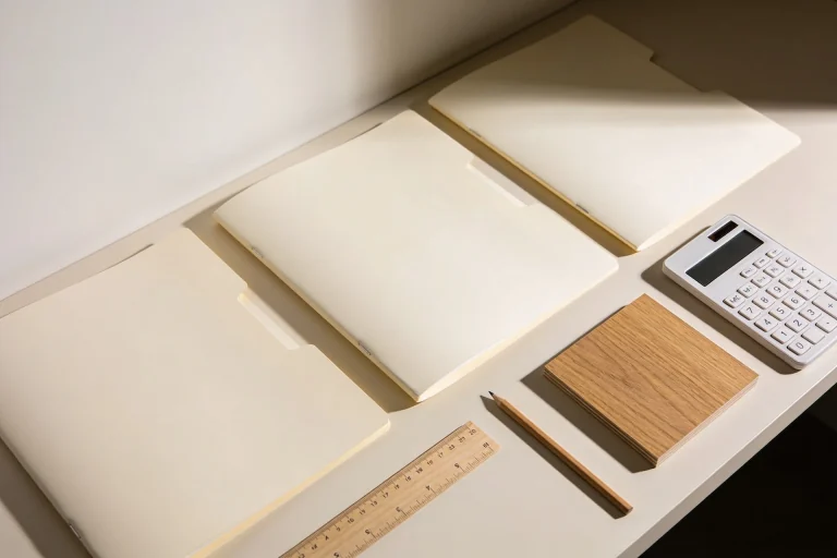 Overhead renovation budgeting desk with three neatly separated plain quotation sheets, calculator, tape measure, wood swatch and pencil on pale oak; no readable writing