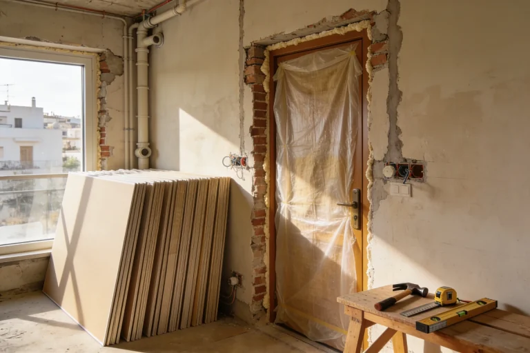 Apartment renovation at preparation stage, clean stripped wall with neatly protected doorway and capped services, orderly stack of plasterboard and tools