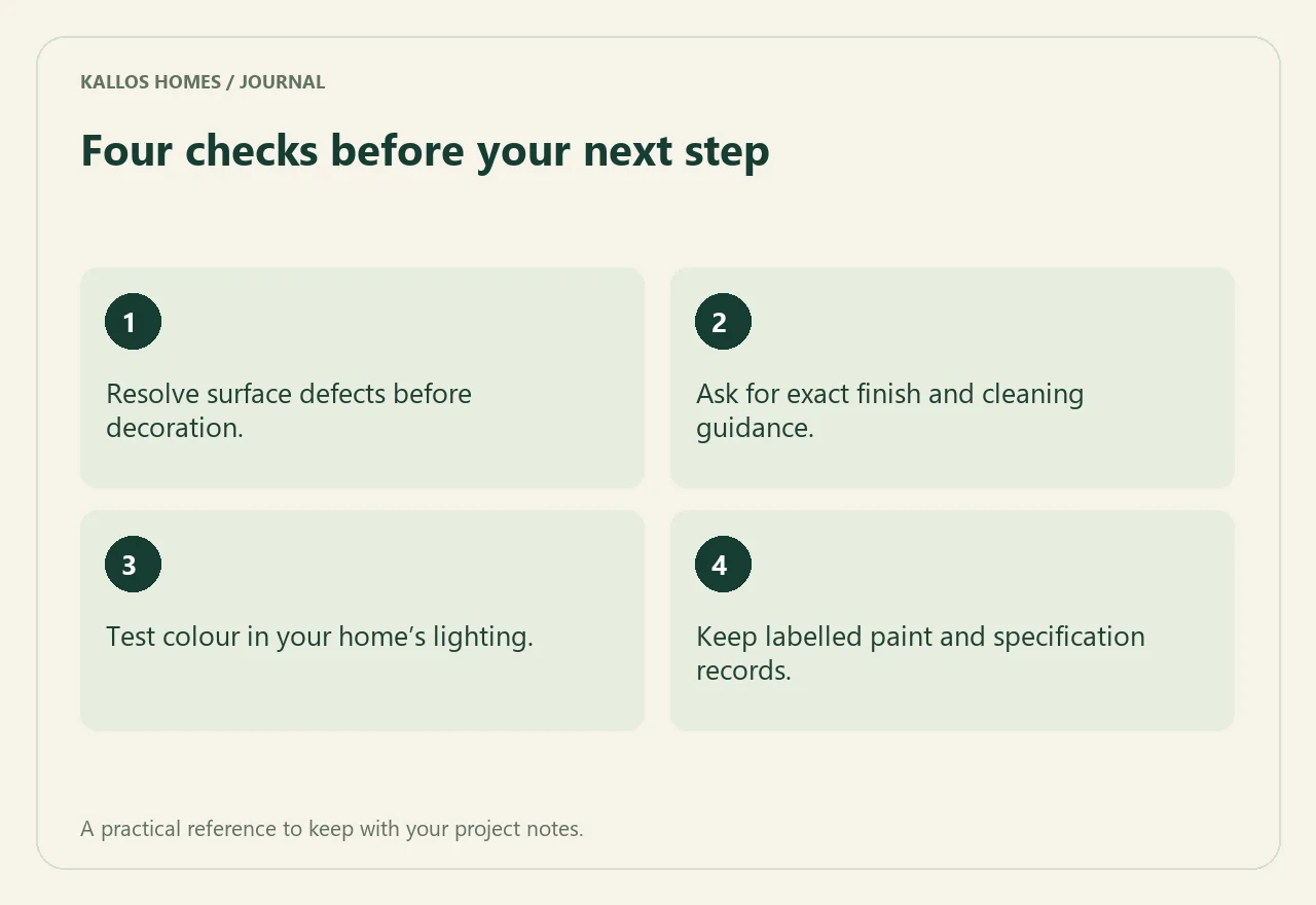 Choosing interior paint for a lived-in home Visual summary of the four checklist points above.