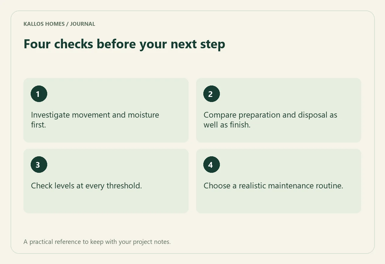 Keep or replace an old apartment floor? Visual summary of the four checklist points above.