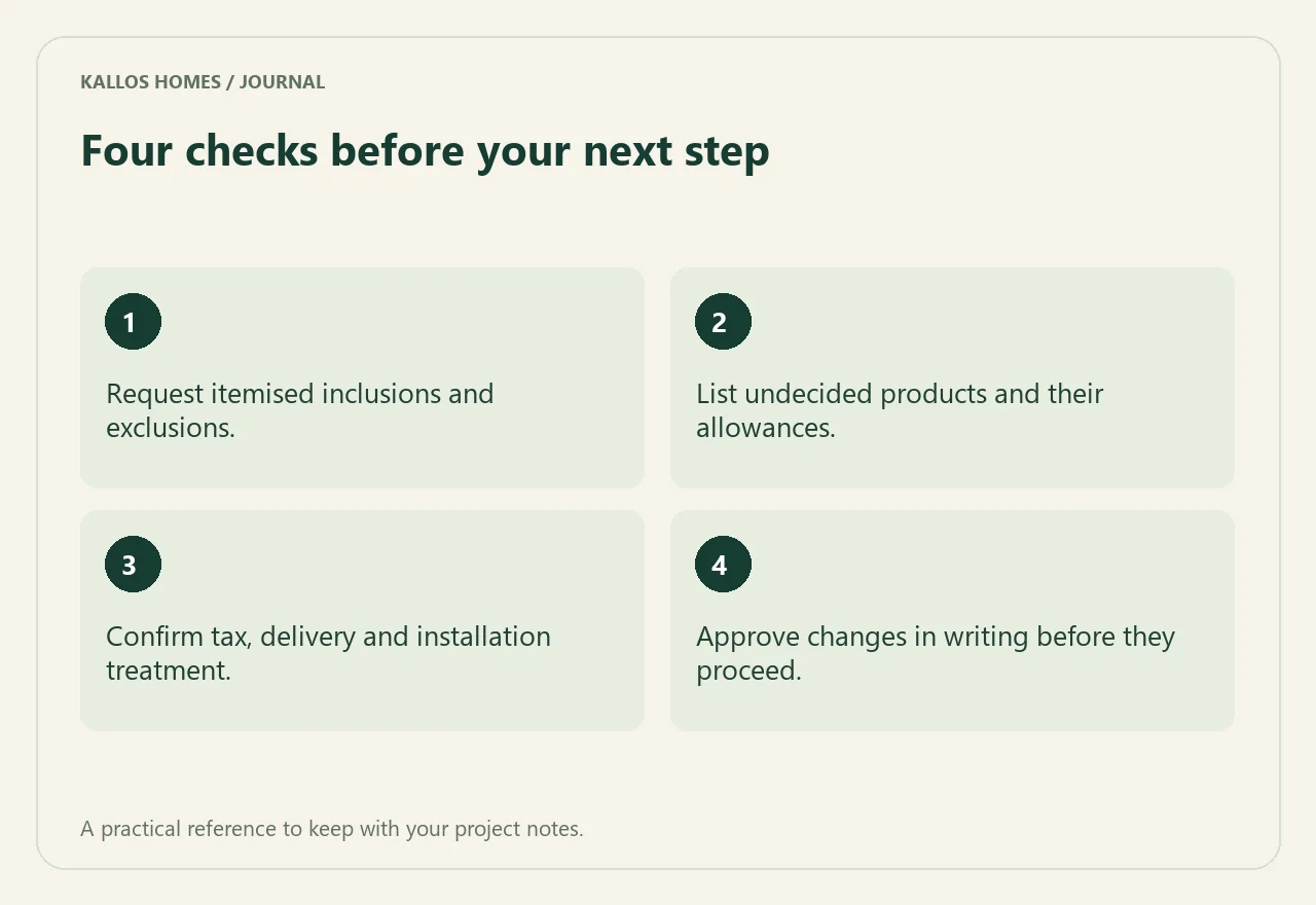 A renovation budget that makes quotes comparable Visual summary of the four checklist points above.