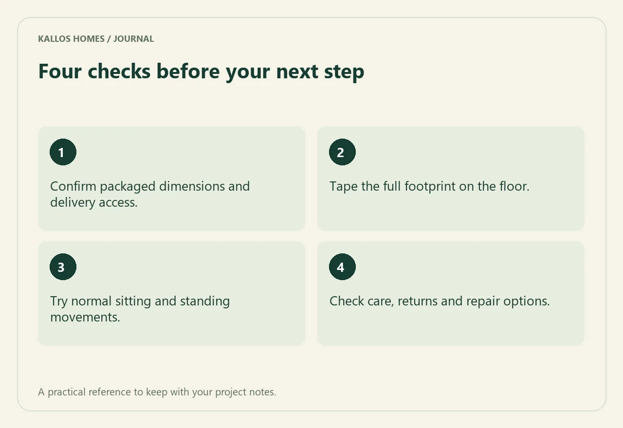 Buying a sofa for a compact Greek apartment Visual summary of the four checklist points above.